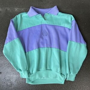 Vintage Aliso Sweatshirt Mens Medium Green Purple Fleece Rugby Polo Striped 90s